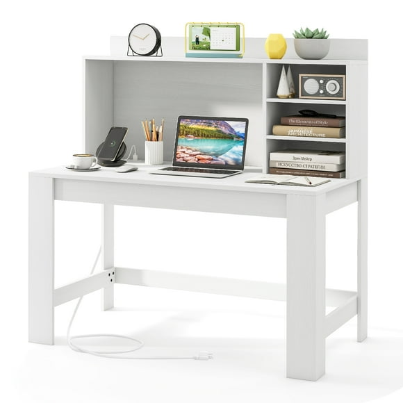Gymax Home Office Computer Desk Study Table Writing Workstation Hutch Cable Hole White