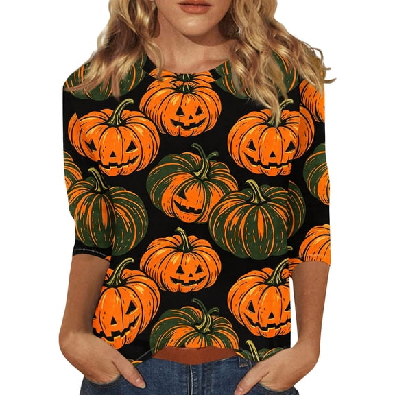 Halloween Shirts for Women Plus Size Funny 3/4 Sleeve Pullover Horror Pumpkin Printed Tops Spooky Round Neck T Shirts Holiday Three Quarter Length Blouses, XL