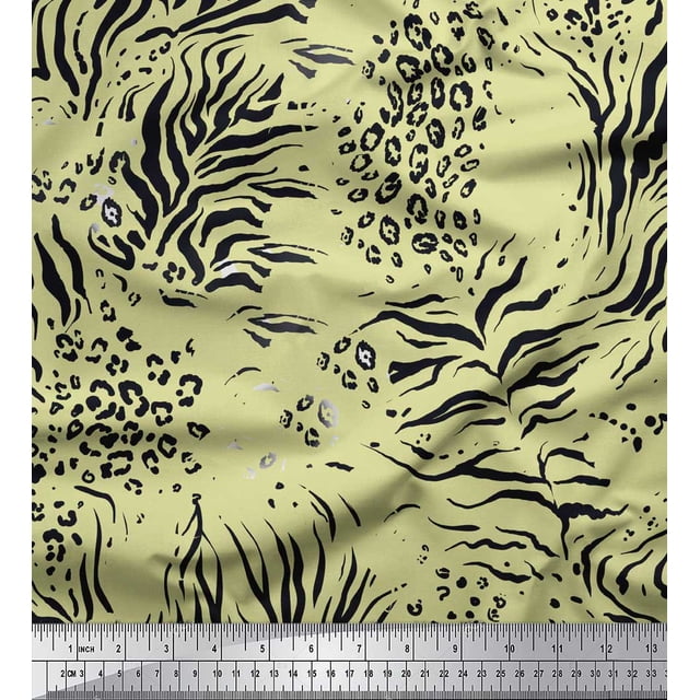 Soimoi Beige Rayon Fabric Leopard & Tiger Animal Skin Printed Fabric 1 Yard 42 Inch Wide