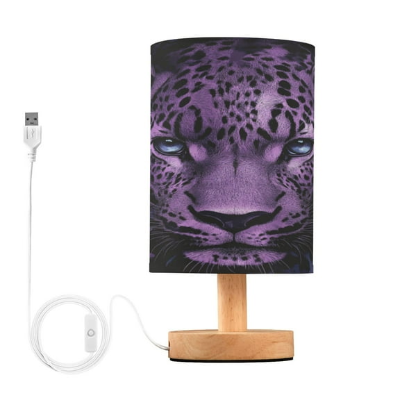 WOBOGO Purple Leopard Bedroom Table Lamp USB Power Connector Wooden Base Round Linen Shade For Living Room Desk