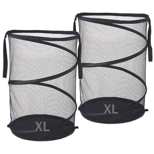 2Pcs Mesh Popup Laundry Hamper 115L Extra Large Collapsible Laundry Basket Foldable Clothing Storage Basket with Handles No Lid 26 H x 18 W x 18 L (Black)