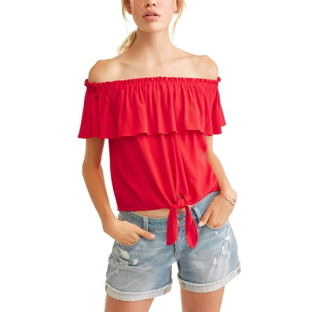 Tie Front Chiffon Blouse - No Boundaries Juniors' Crinkle Gauze Tie Front Flounce Off the Shoulder Blouse