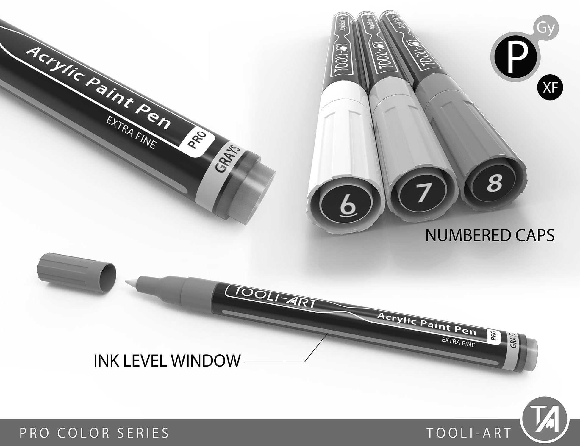 Tooli-Art Acrylic Paint Pens Assorted Gray Pro Color Series