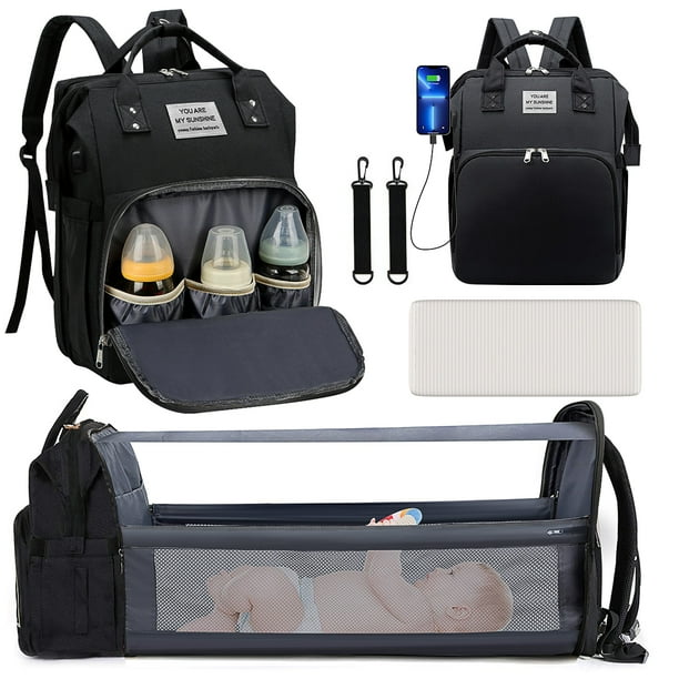 Diaper Bag Backpack, Multifunctional Baby Changing Bag with Foldable Crib & Insulated Milk