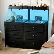 Romorgniz Set of 2 Tall Nightstands with Charging Station,LED Lights,3 Drawers & 4 Hooks,Bedside Tables with Outlets for Bedroom,Black