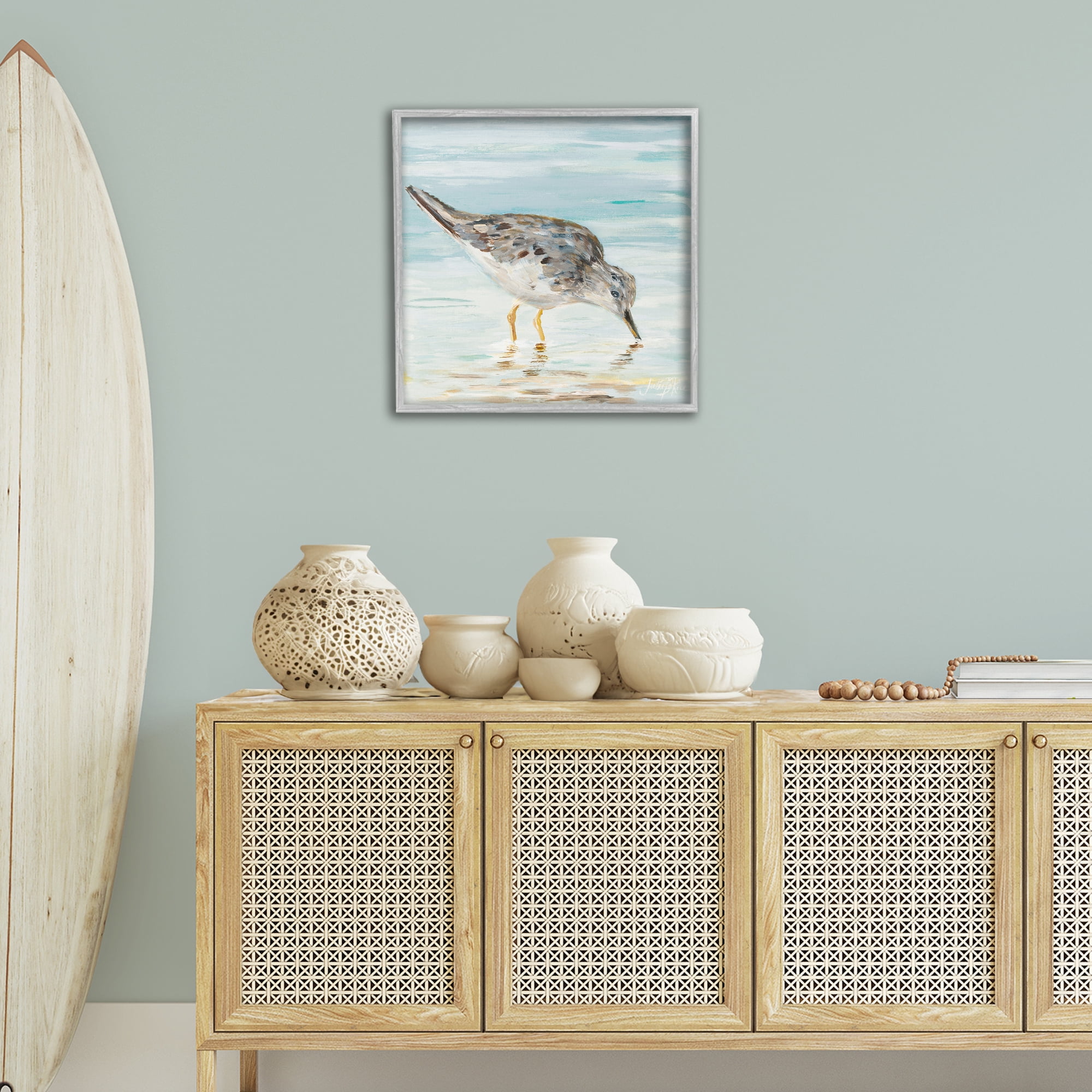 Stupell Industries Grey Beach Sandpiper Animals & Insects Painting Gray Framed Art Print Wall Art, 24 x 24