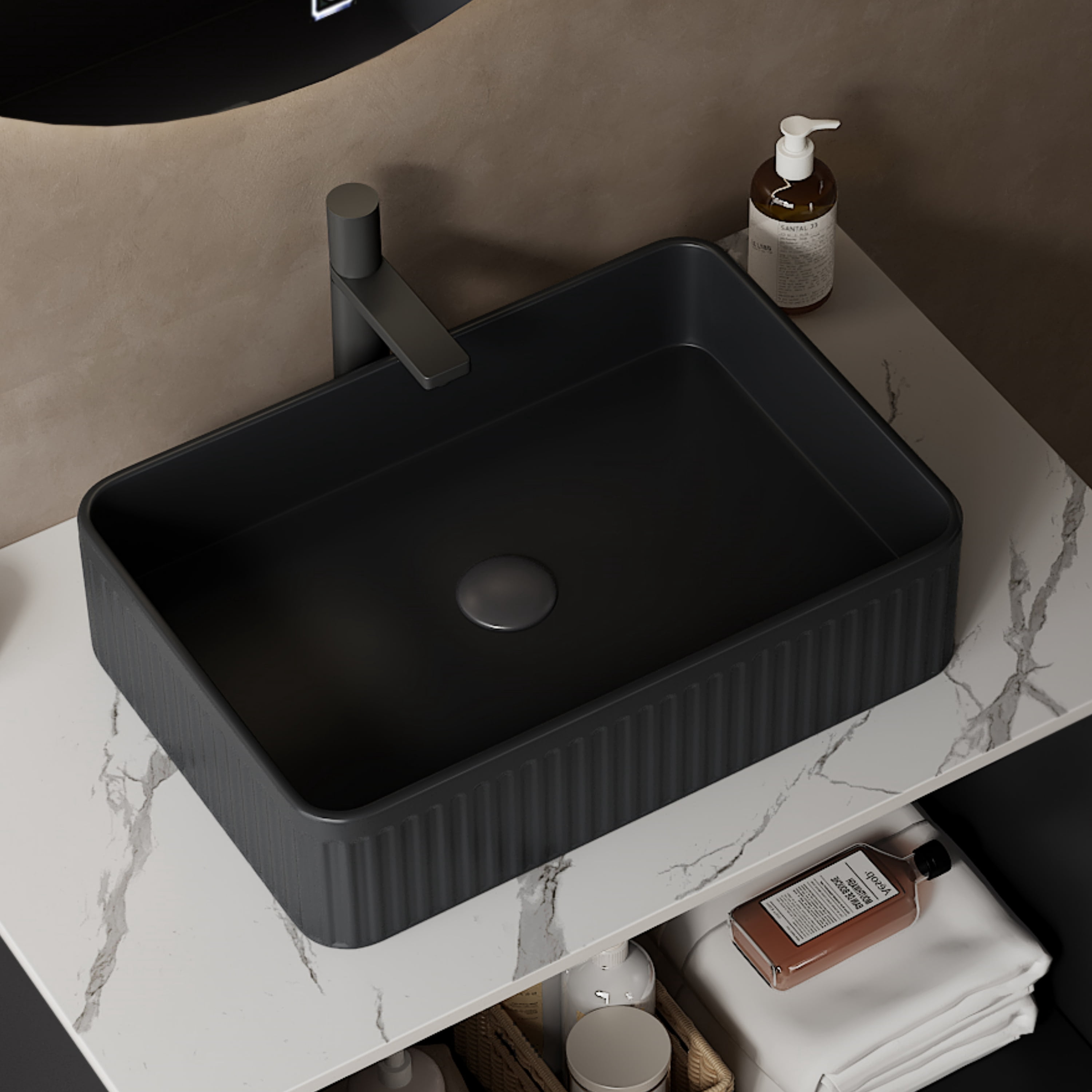 20" Bathroom Sink, Rectangular Striped Vessel Ceramic Basin without Faucet, No Cabinet, Black