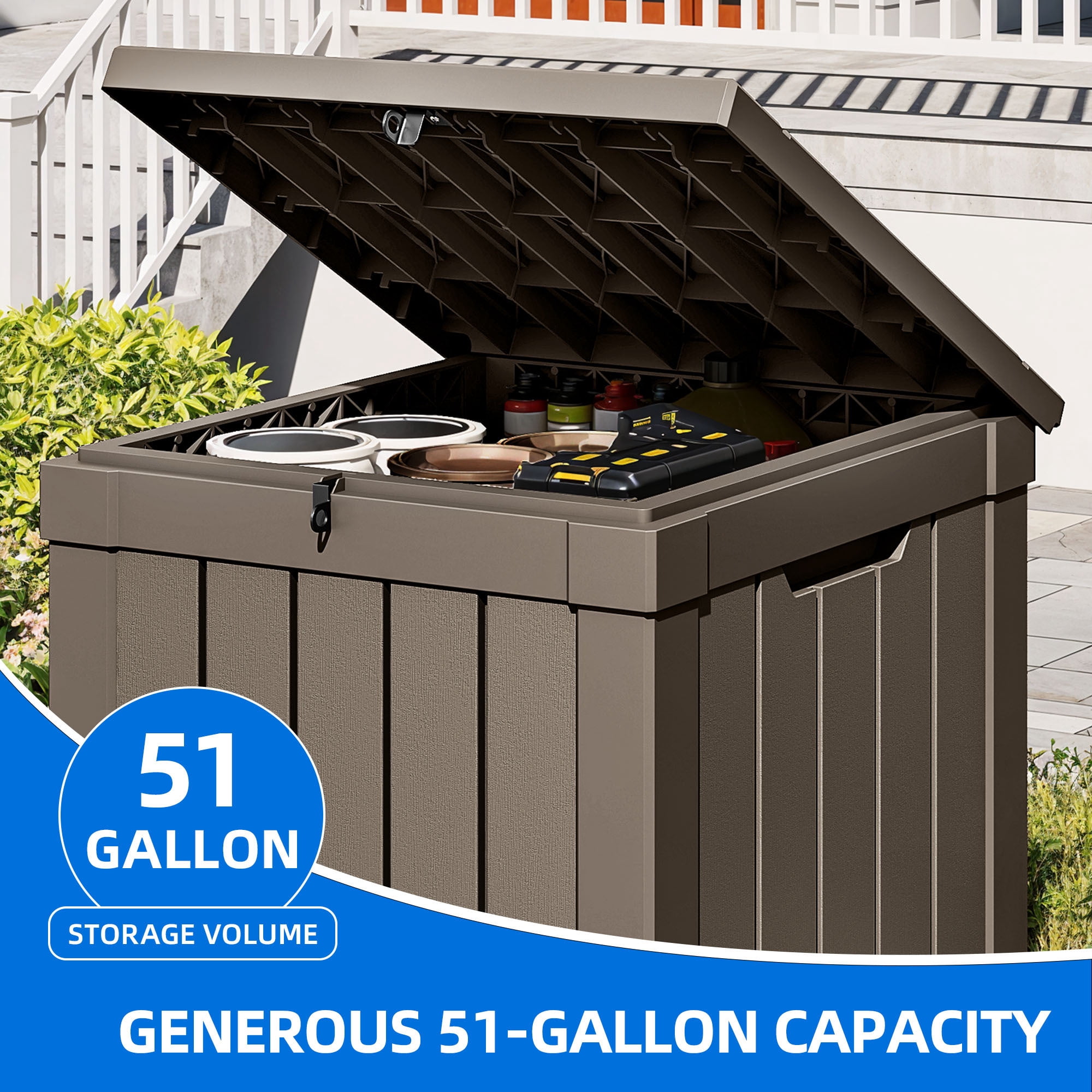 Dextrus 51 Gallon Weatherproof Resin Deck Box, Lockable Outdoor Storage Container, Multi-Purpose Patio Storage Bin for Package Delivery, Garden Tools, Pool Accessories and Outdoor Cushions, Taupe