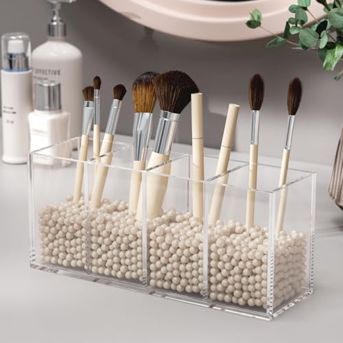 Acrylic Pen Holder 4 Compartments, Clear Pencil Organizer Cup for Countertop Desk Accessory Storage