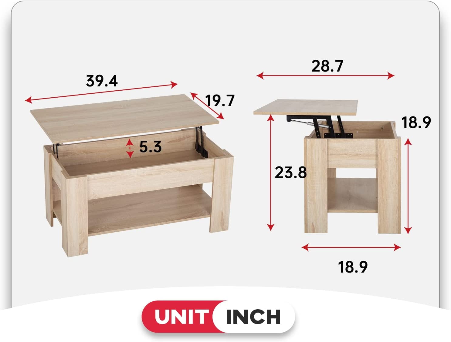 FDW Lift Top Coffee Table with Hidden Compartment and Storage Shelf Wooden Lift Tabletop(Grey)