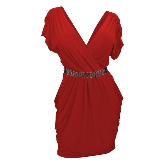 Plus size Deep V-Neck Wrap Bodice Dress Red