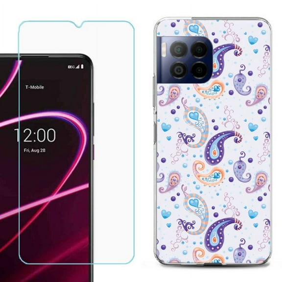 For T-Mobile Revvl 7 Pro 5G Phone Case, Shockproof Case Cover with Tempered Glass Screen Protector, by OneToughShield - Paisley Purple