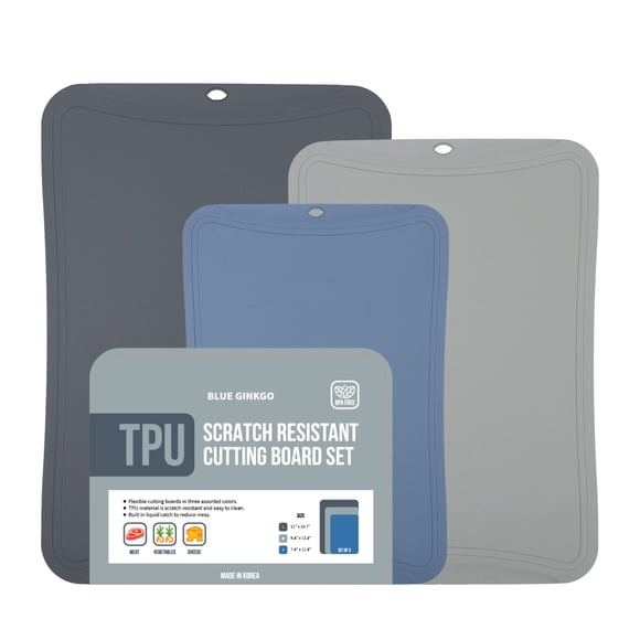 BLUE GINKGO Planches à Découper Flexibles - Ensemble de 3 Tapis de Découpe en TPU Résistant aux Rayures Planches à Découper Flexibles pour Cuisine Lavables au Lave-Vaisselle (Gris Foncé, Gris, Bleu)