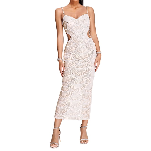 Vestido de noche BELLA BARNETT, maxi blanco y perlado con lentejuelas