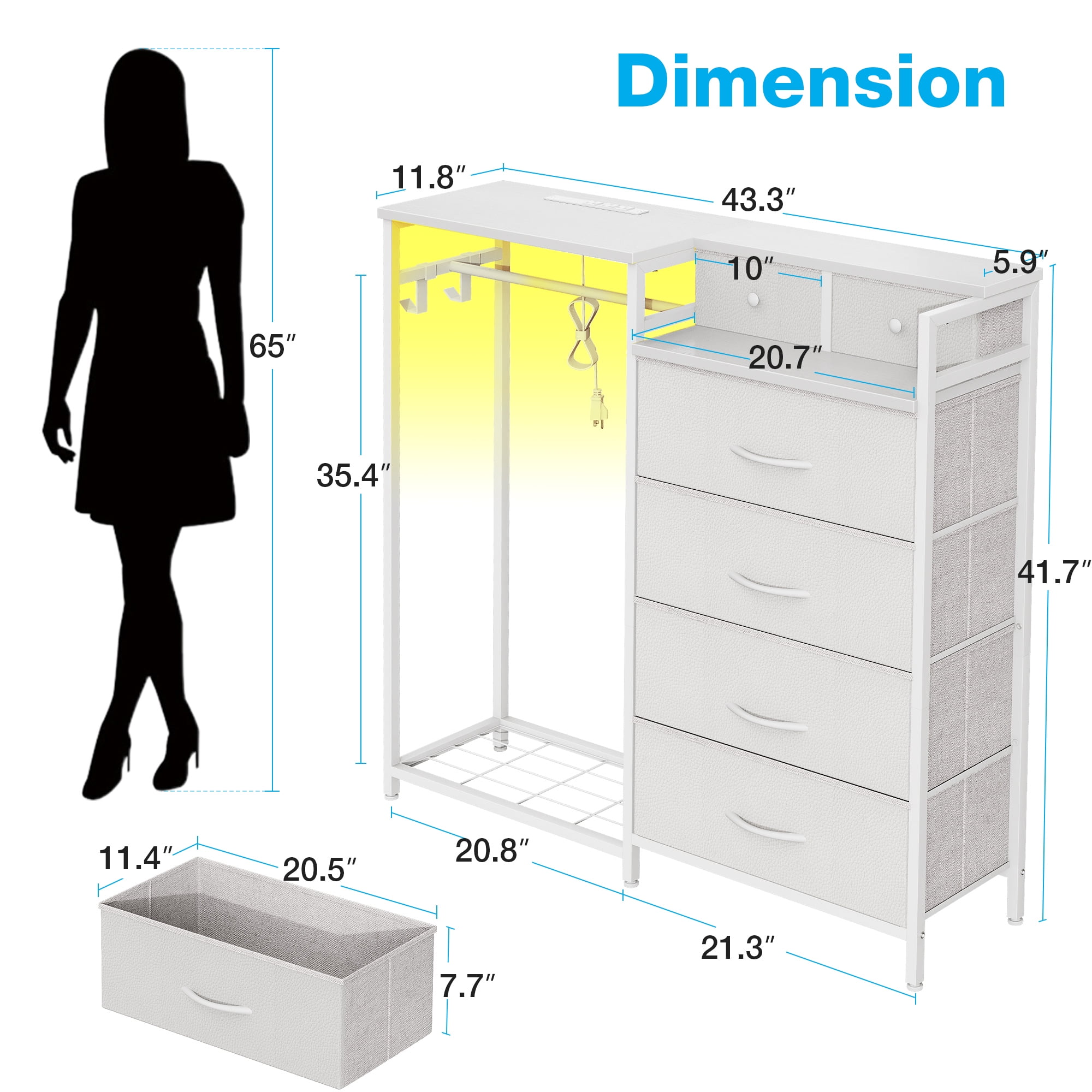 6-Drawer Dresser With Hanging Rack, LED Lights & Charging Station – Reversible, Fabric Chest For Bedroom