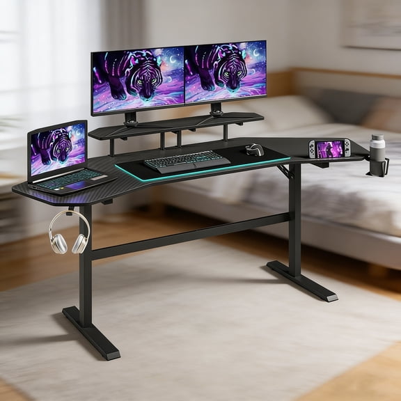 Big Gaming Desk  Spacious Computer Gaming Workstation for Multi-Device Setups, Gamer Desk Table with Cable Management & Side Hooks