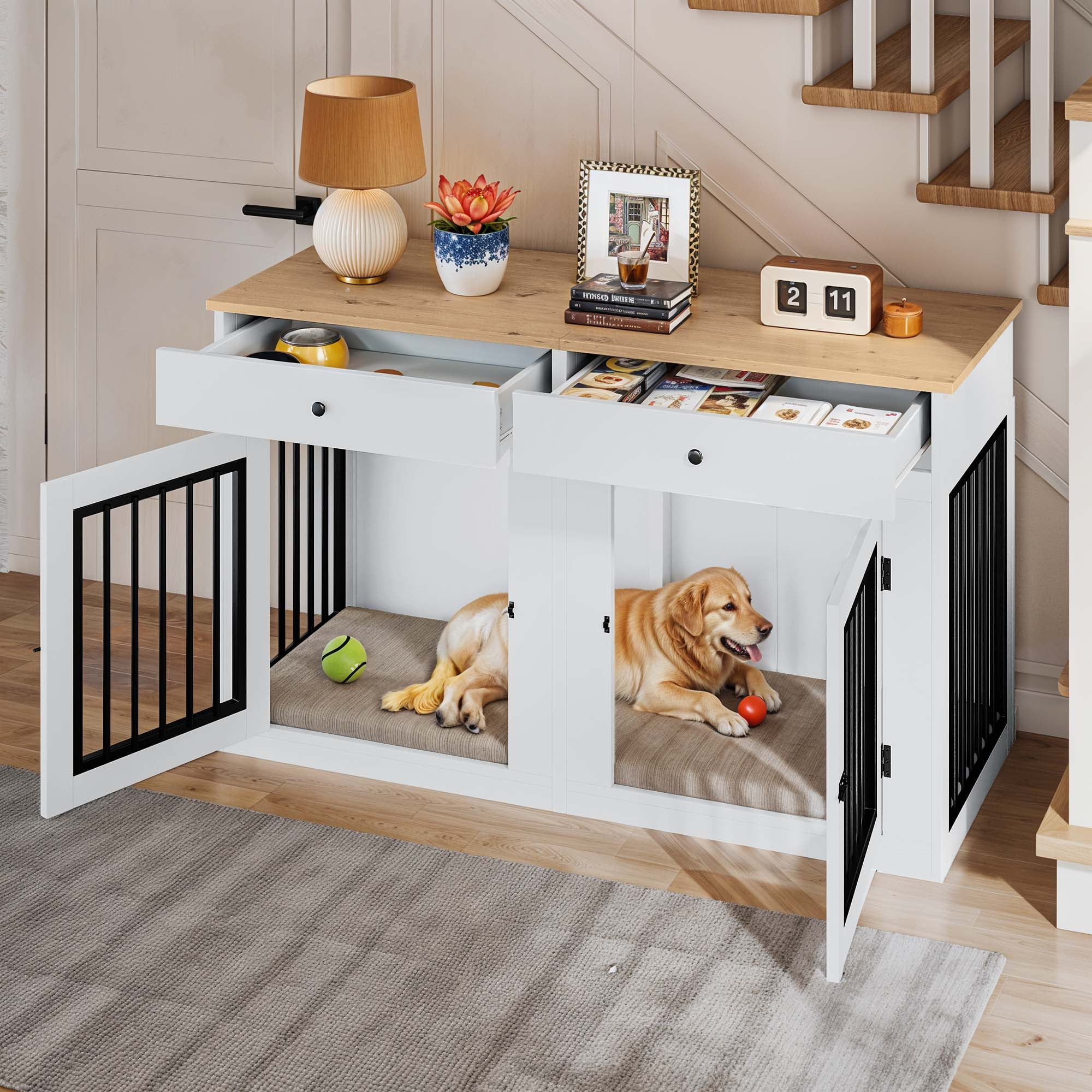 Dextrus 60" Large Double Door Dog Crate Furniture with Locks, Indoor Dog Cage Table with Removable Divider & 2 Storage Drawers, White