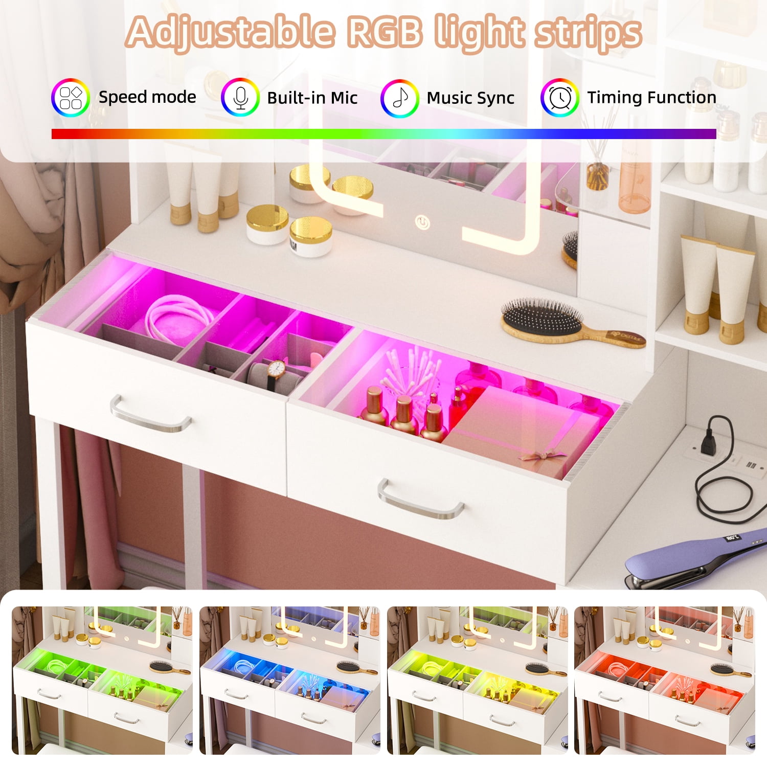 Tomnk 43" Vanity Desk with Stool, LED Mirror, Glass Top and RGB Drawers, White