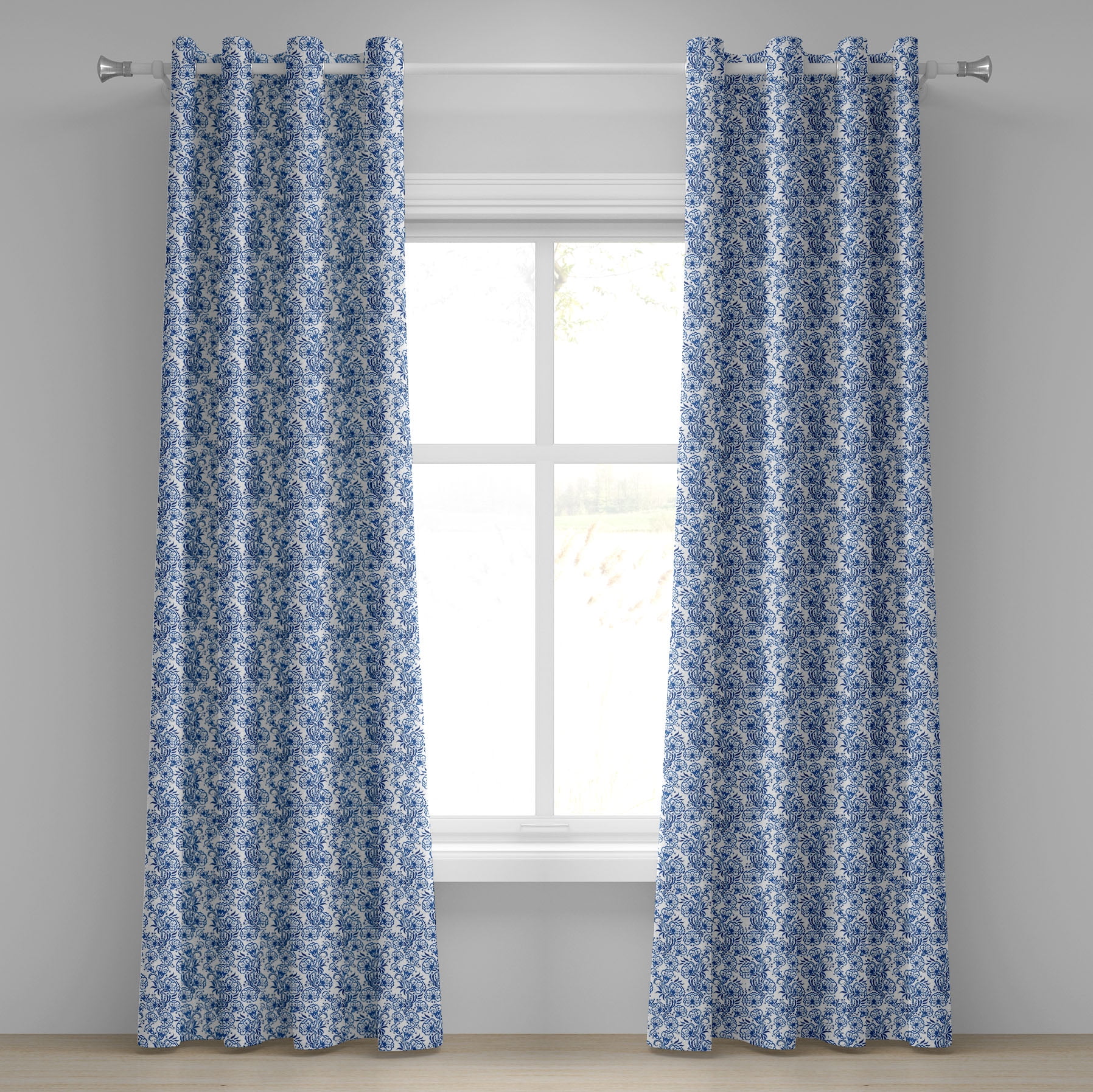 Blue Grommet Curtain, Delicate Spring Season Themed Floral Pattern in ...
