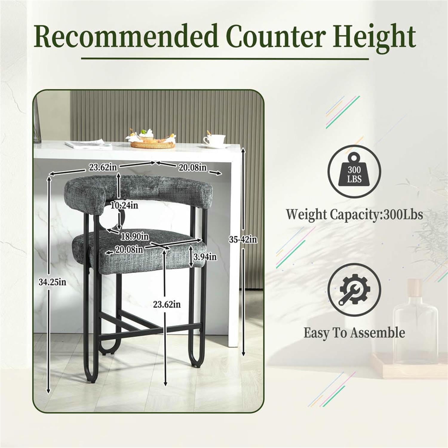 Demi Bonn 34" Counter Height Bar Stools Set of 2, Upholstered Barstools with Back, Kitchen Island Countertop Chairs for Dining Room, Gray