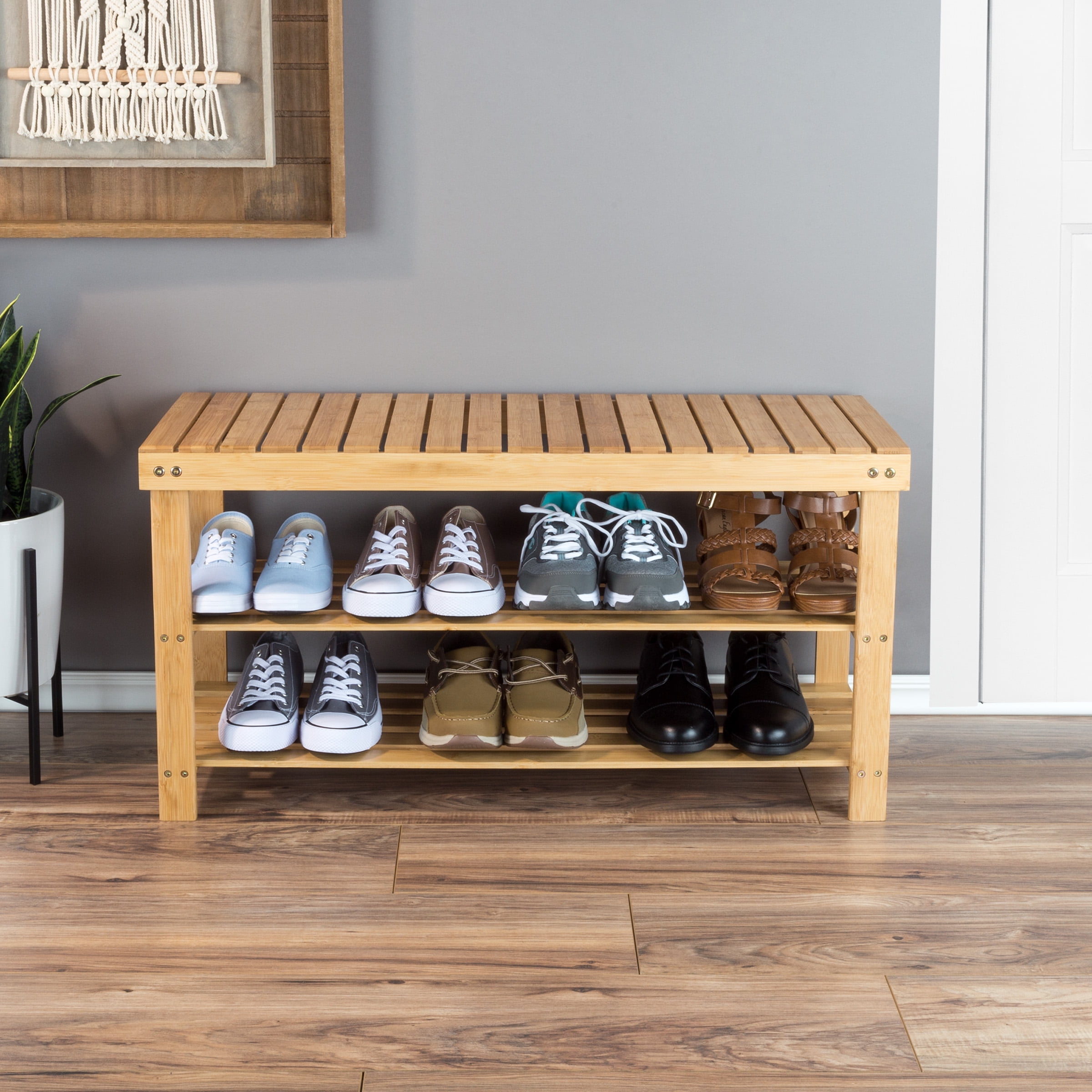 Bamboo Shoe Rack Bench with 2 Shelves-Eco-Friendly Natural Wood Seat Storage and Organization-For Bedroom, Entryway, Hallways, Closets by Lavish Home