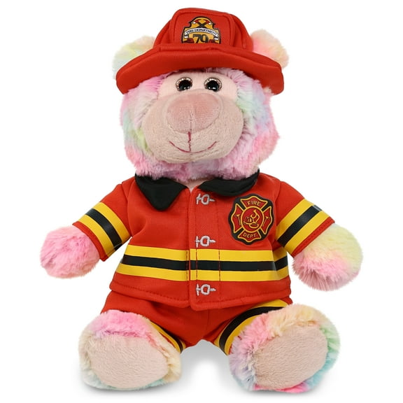 DolliBu Bear Firefighter Stuffed Animal - Super Soft Rainbow Bear Fireman Toy with Red Fireman Costume Outfit and Fireman Hat, Wild Life Stuffed Animal Fire Fighter Doll Plush Toy for Kids - 9 Inch