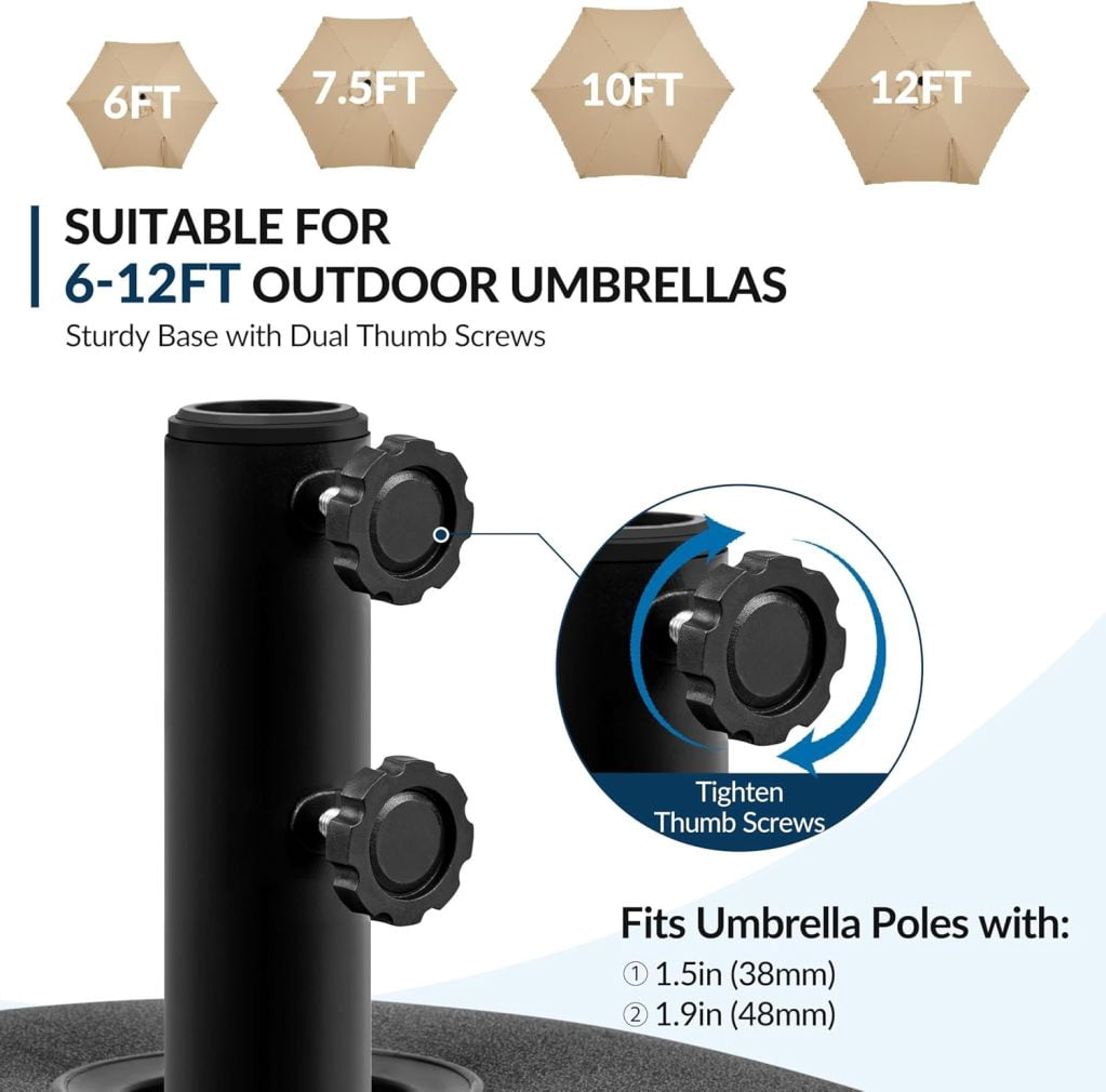 WJSP Fillable Mobile Umbrella Base, Heavy Duty Patio Umbrella Pole Holder for Outdoor 4 Wheels, 2 Locks 2 Knobs 123lb Capacity for Deck, Poolside, Garden, Black