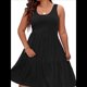 thumbnail image 3 of Vestidos de Verano para Mujer, de Gran Tamaño, con Hombros Descubiertos, Lisos, Sin Mangas, con Volantes en el Bajo, Vestidos Cortos con , Negro XXXL, 3 of 7