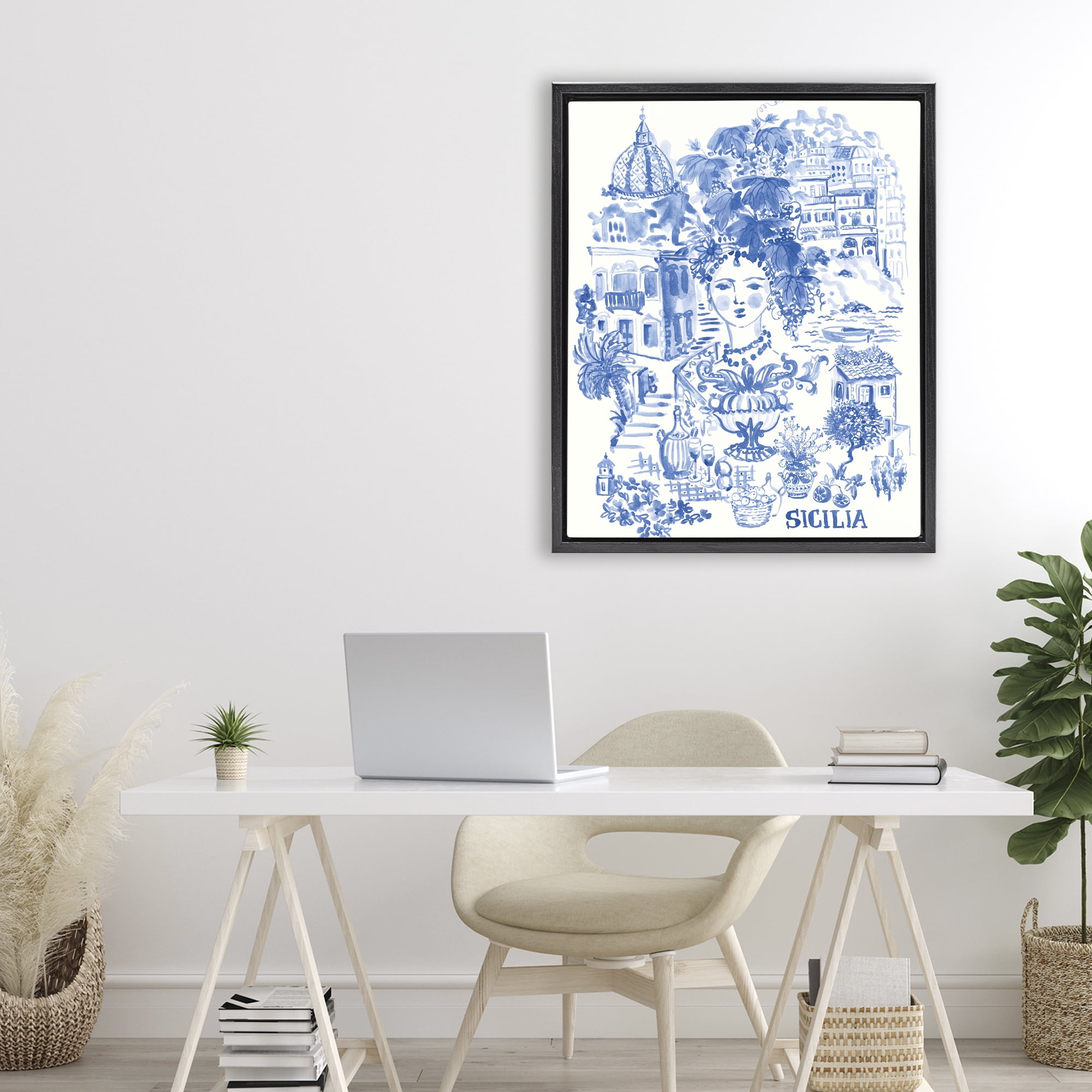Stupell Industries Sicilia City In Blue Black Framed Floater Canvas Wall Art, design by Karolina Sato