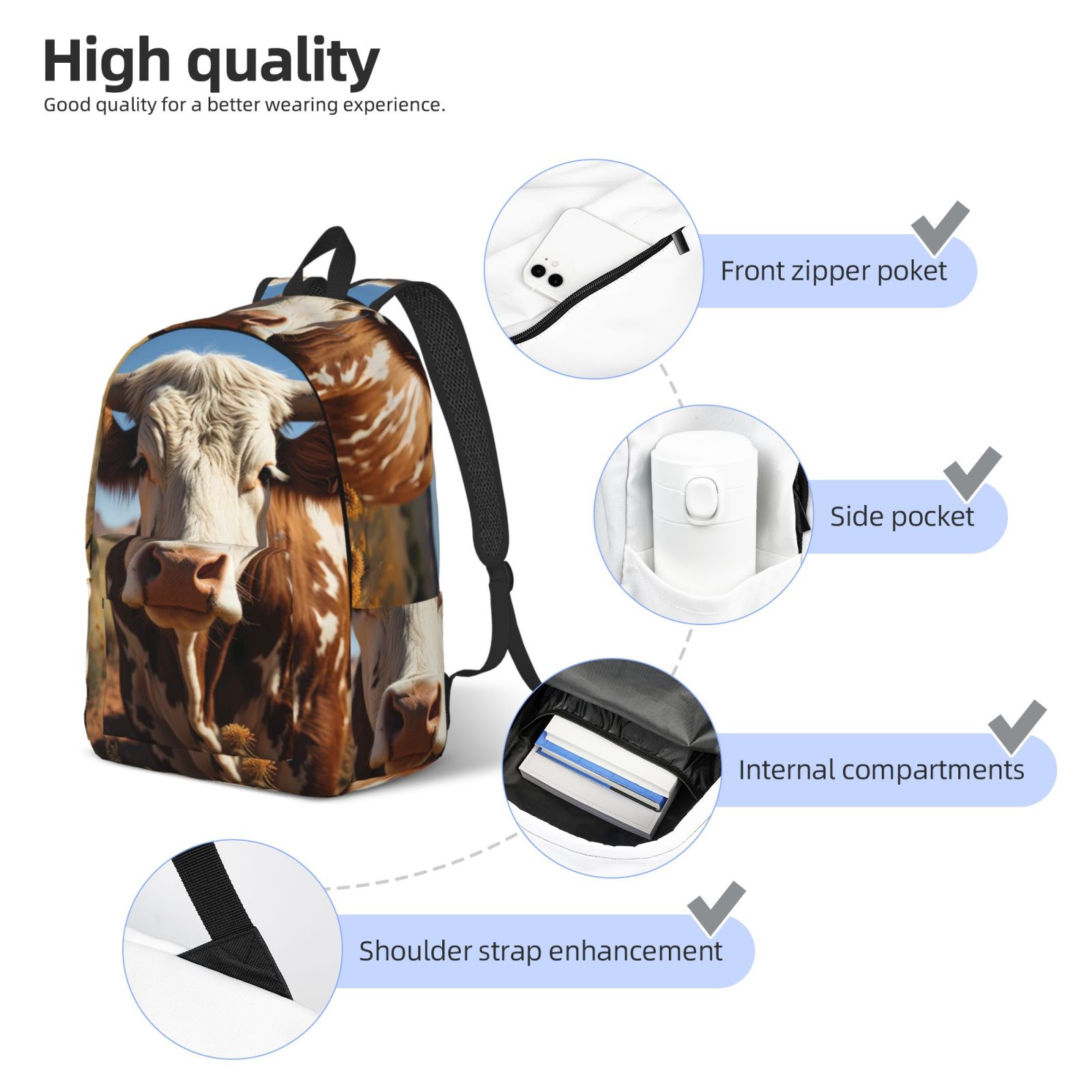 Picia Cute Daisy Cow Printed Canvas Daypack - Stylish and Durable Vintage Compact Backpack - Class, Work, Travel, or Laptop Bookbag,Organized Compartments-Small