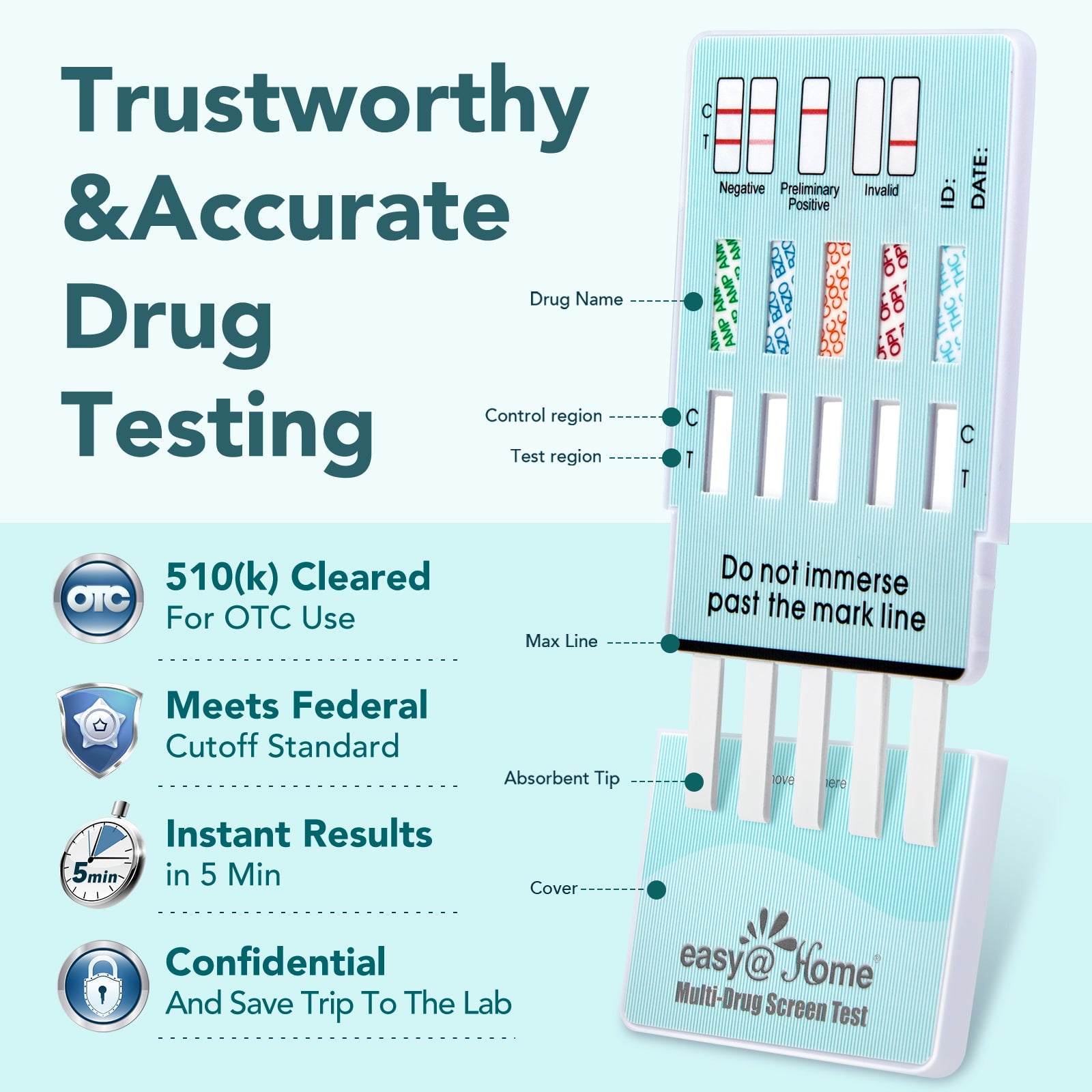 5 Pack Easy@Home 5-Panel Instant Urine Drug Test, At-Home Multi Drug Testing Kit to Screen 5 Popular Drugs, Marijuana (THC), Cocaine (COC), Opiate (OPI 2000), Amphetamine (AMP), Benzodiazepines (BZO)