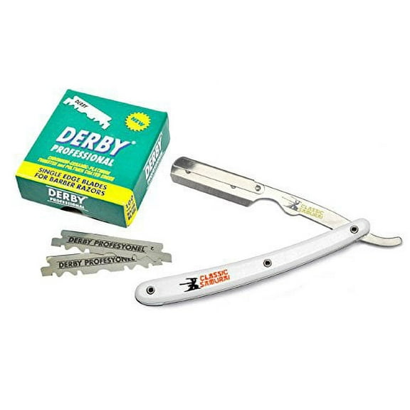 Classic Samurai Stainless Steel Professional Barber Straight Edge Razor with 100 Derby Single Edge Razor Blades (White)
