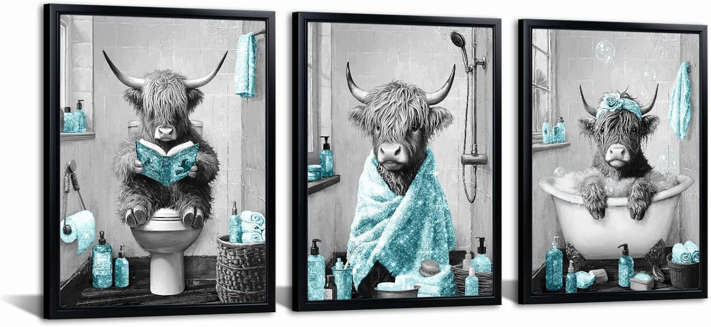 Hieng Highland Cow Bathroom Wall Art 3 Piece Funny Bathroom Pictures Canvas Print Grey and Blue Decor Unframed