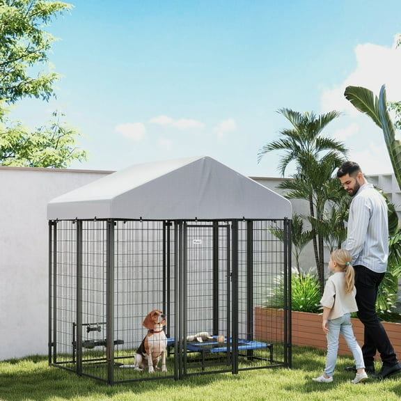 PawHut Outdoor Dog Kennel with Roof, Welded Wire Dog Playpen Enclosure with Escape-proof Lock, UV-Resistant & Waterproof Cover, 5.9' x 4' x 6', Silver