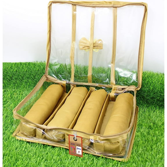 atorakushon Satin Fabric 4 Rod Bangle Box Wardrobe Organizer Jewelery bracelet Wrist Chain Pouch Storage Bag for Women Girls Bride Makeup Travel Wedding Set Gold