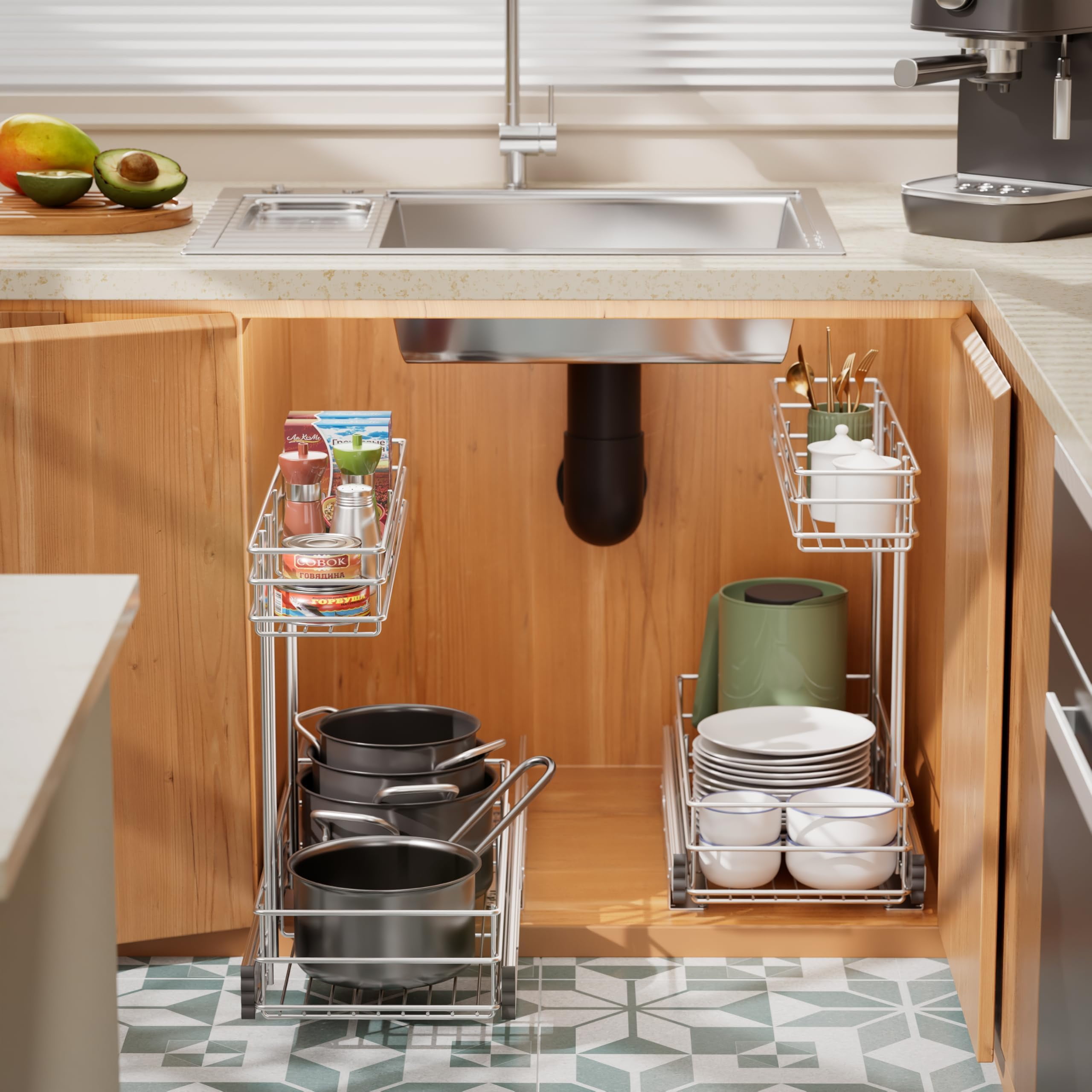 STORKING 2 Tier Under Sink Pull Out Cabinet Organizer Slide Wire Shelf Basket for Kitchen Base Cabinets 9" W 18.5" D 16" H