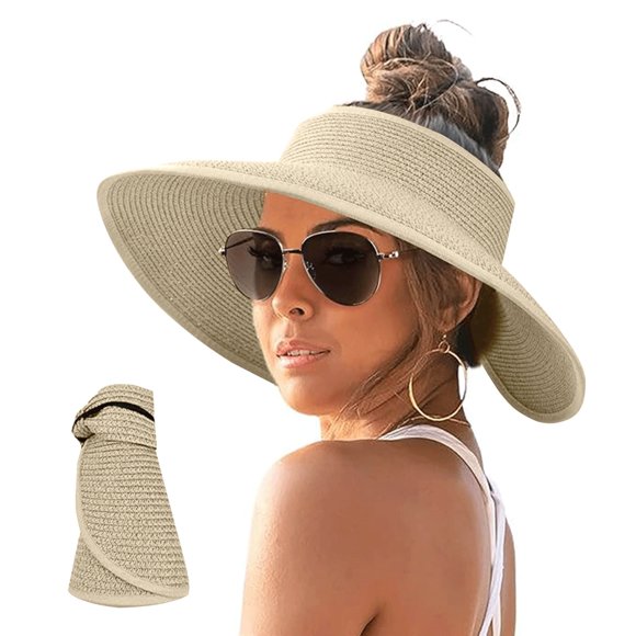 Chapeaux de Soleil Pliables pour Femmes à Grand Bord, Visières, Queue de Cheval Roulée, Visière d'Été, Chapeau de Plage, Pliable, Souple, Chapeau de Soleil de Voyage, Chapeaux d'Hiver, Beige