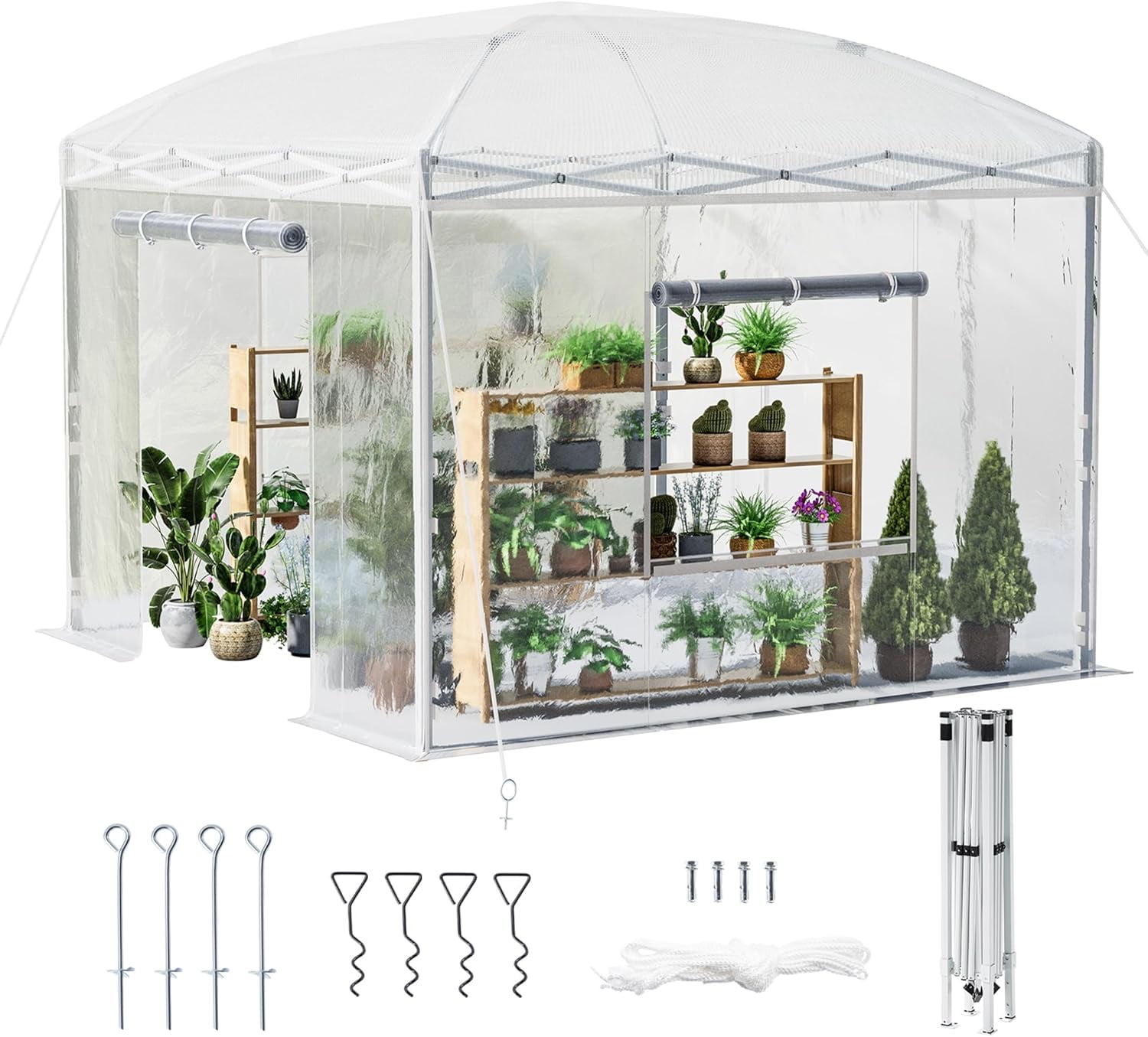 Jocisland 9.7x9.7×8.5 ft Upgraded Pop-up Portable Walk in Greenhouses for Outdoors with Adjustable Reinforced Frame, with Roll-up Zipper Door, White