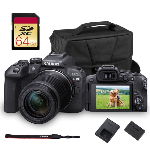 Canon EOS R10 Mirrorless Camera with RF-S 18-150mm Lens – 24.2MP APS-C Sensor, 4K 60p Video, Dual Pixel AF II, Compact Travel-Friendly Design (5331C016)   64GB Memory Card   Shoulder Bag