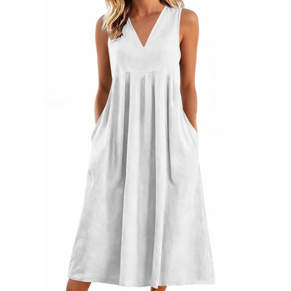 Kvture Linen Dresses for Women Casual V-Neck Long House Dress Sleeveless Trendy Vacation Clothes Sundress with Pockets White