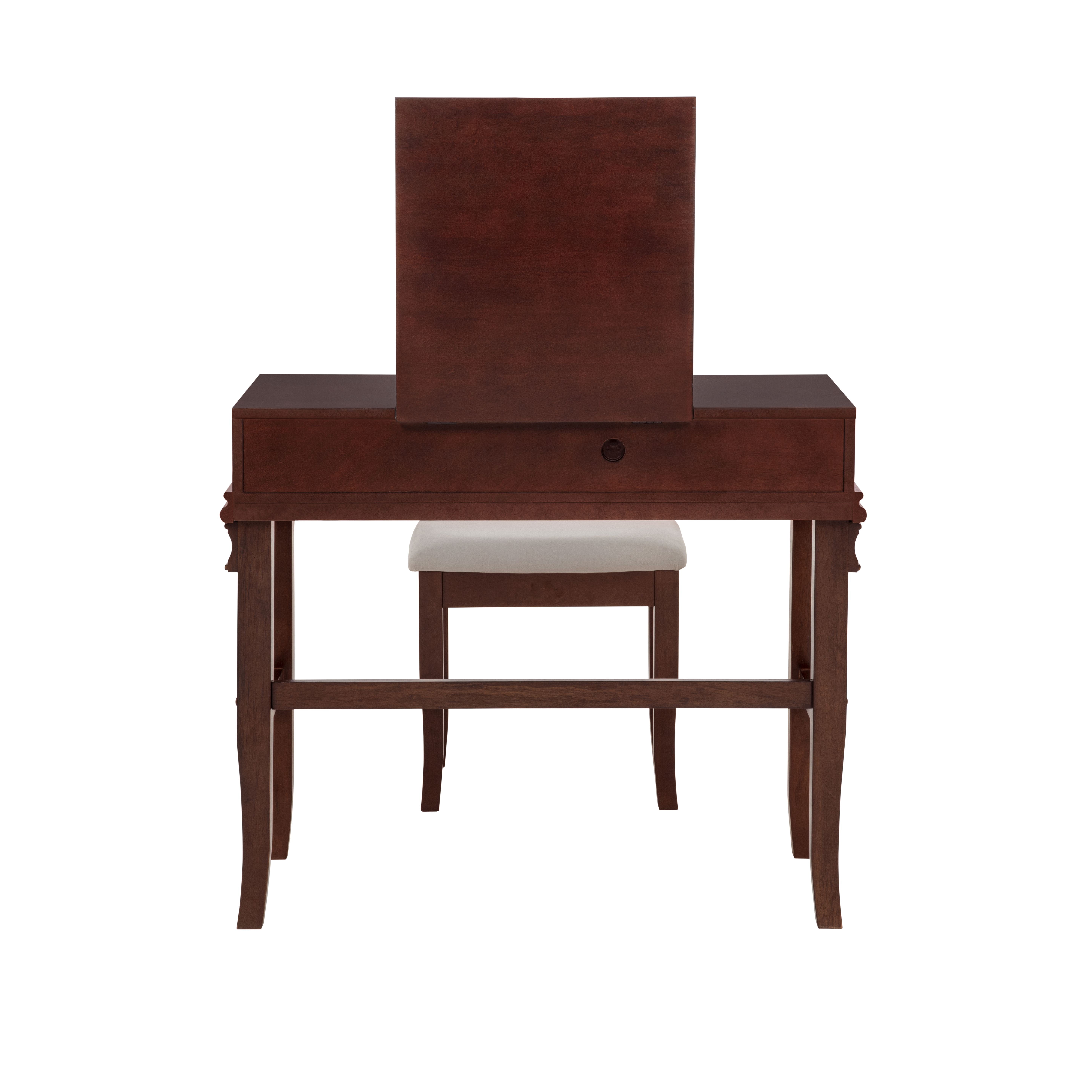 Linon Morton 2-Piece Vanity Set with Flip-Top Mirror and Upholstered Stool, Walnut/Beige