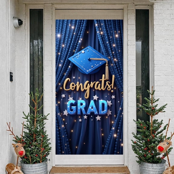 Blue Theme Graduation Banner Gold Lettering Congrats Grad Display Star Decor Graduation Cap Design Grad Party Backdrop for Graduation Party College Graduation Graduation Photoshoot