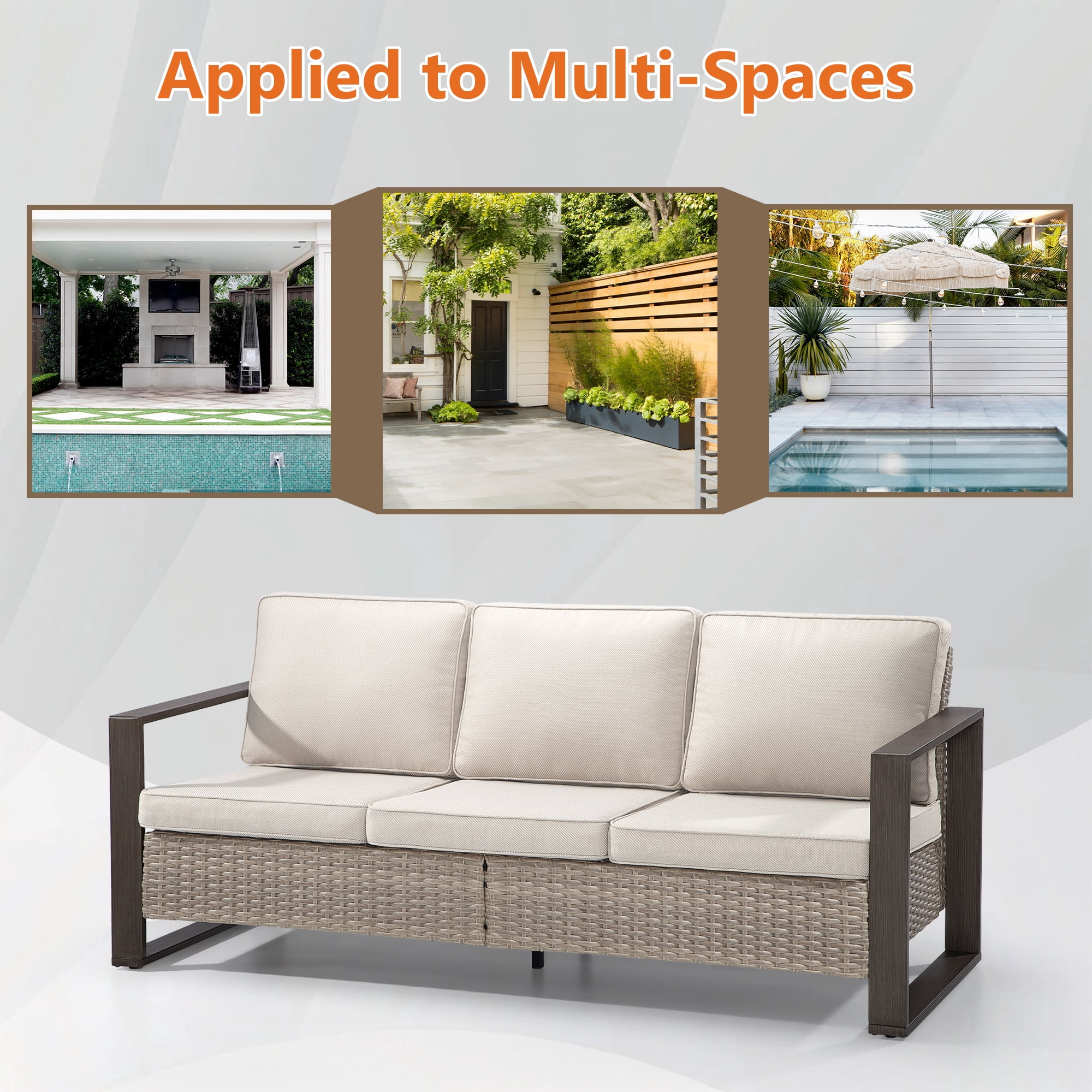 Meetleisure 3-Seat Patio Wicker Sofa with Removable Cushions, Beige