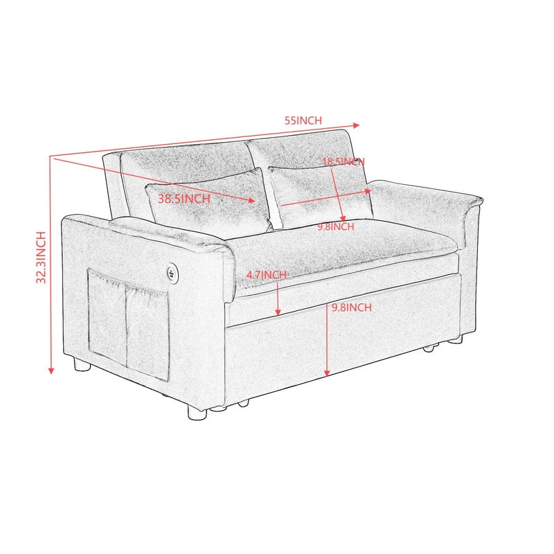 3-in-1 Convertible Velvet Pull Out Sofa Bed, Loveseat Chaise Sleeper Sofa with Adjustable Backrest, USB Ports & Side Pockets