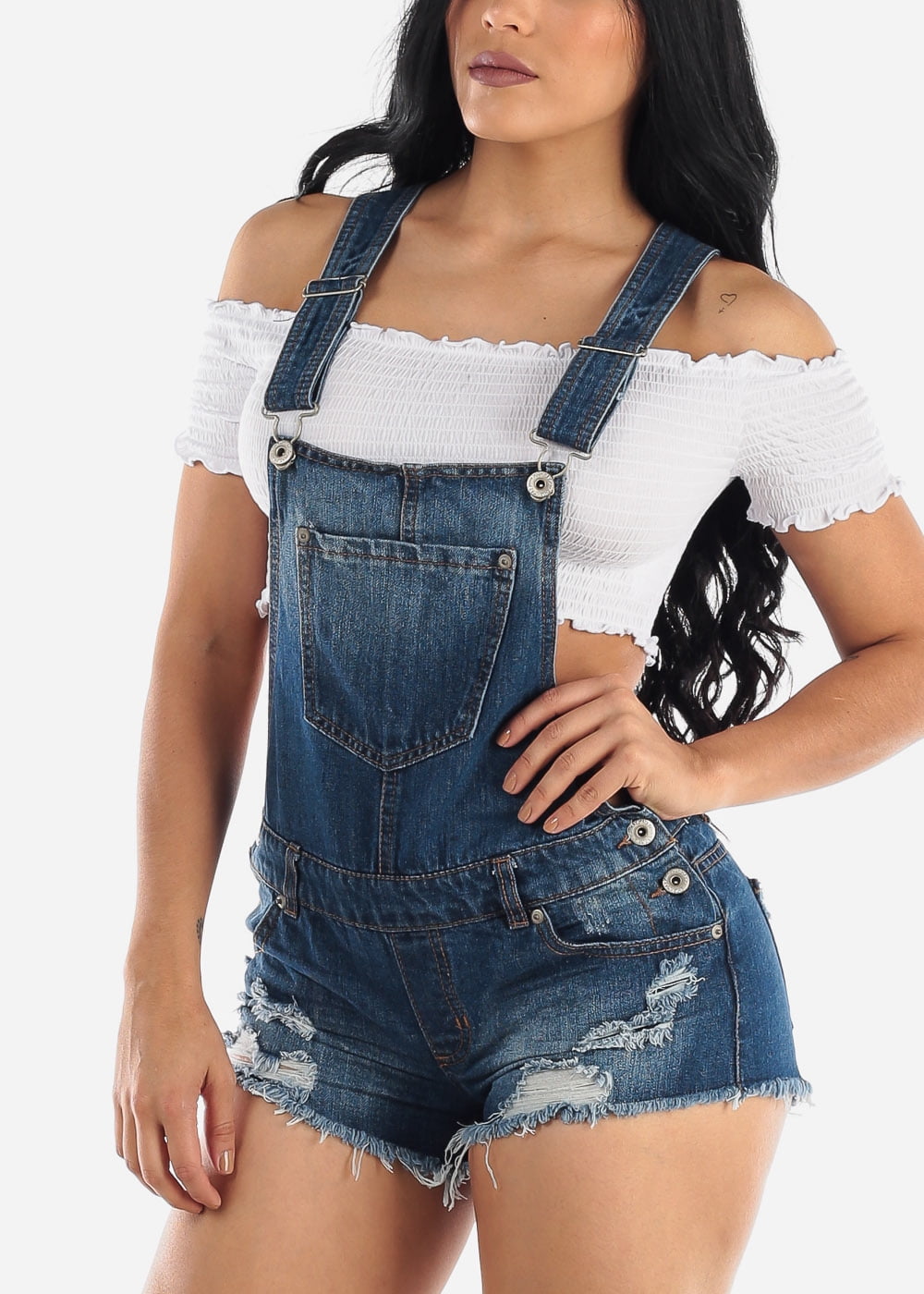distressed short overalls