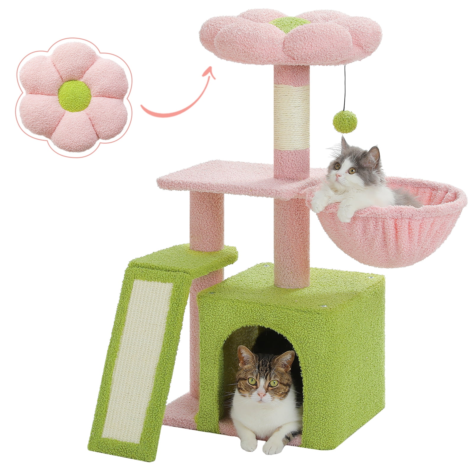 PAWZ Road Cat Tree 31.5" Cute Flower Cat Scratching Post Tower with Cozy Condo, Hammock & Ramp for Indoor Cats, Pink