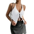thumbnail image 3 of Y2k Front Tie Crop Tops Halter Neck Flowy Plisse Summer Going Out Top Split Sleeveless Shirt White L, 3 of 9