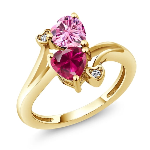 Gem Stone King 18K Yellow Gold Plated Silver Pink Moissanite Red Created Ruby and White Moissanite Ring for Women (1.79 Cttw, Heart Shape 6MM, Gemstone Birthstone, Size 5)