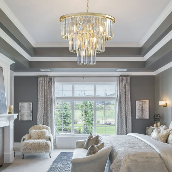 Coowa 20 Inch Luxury 3 Tier Crystal Chandelier 7 Light Gold Frame Modern Pendant Ceiling Light Fixture for Living Room Dining Room Bedroom Foyer (E12 Bulbs Not Included)