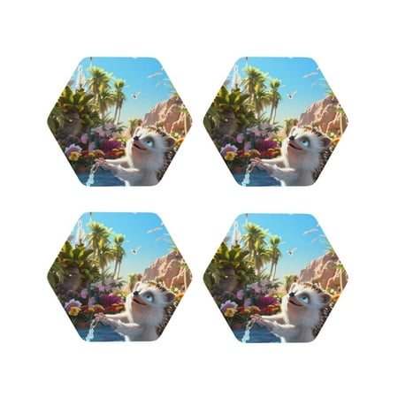 

Matuu Playful Hedgehog Forest Pond for Cup Coasters Set of 4 Leather Coasters Desk Coasters for Office Measures 4” x 4”-Hexagon